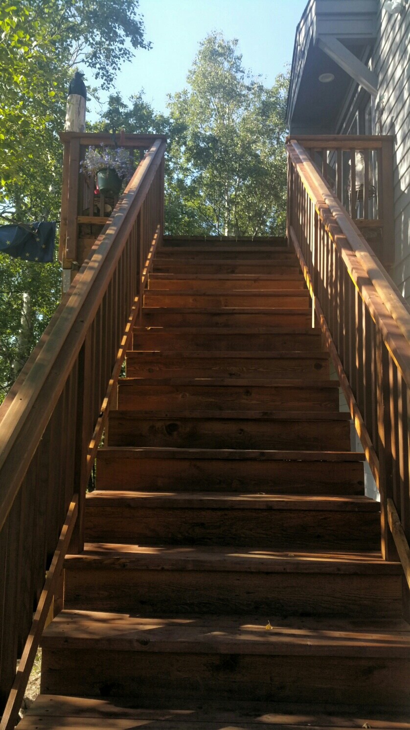 Wooden stairs lead up to a private entrance, framed by trees that allow dappled sunlight to filter through. The sturdy railing provides safety as one ascends, offering a glimpse of the inviting atmosphere of the guesthouse above.