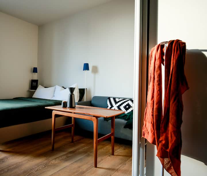 kitanda cha ukubwa wa malkia na sofa kwa wakati wako wa kupumzika