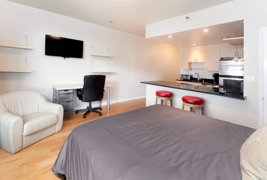 Living area and kitchen