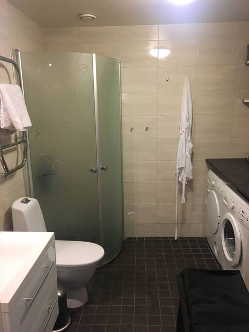 The bigger bathroom with shower, washing machine and dryer.