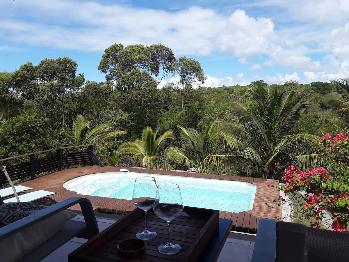An outdoor deck features a private swimming pool surrounded by lush greenery. In the foreground, two glasses of wine rest on a wooden tray, while vibrant flowers add color to the scene. The sky is partly cloudy, enhancing the natural ambiance.