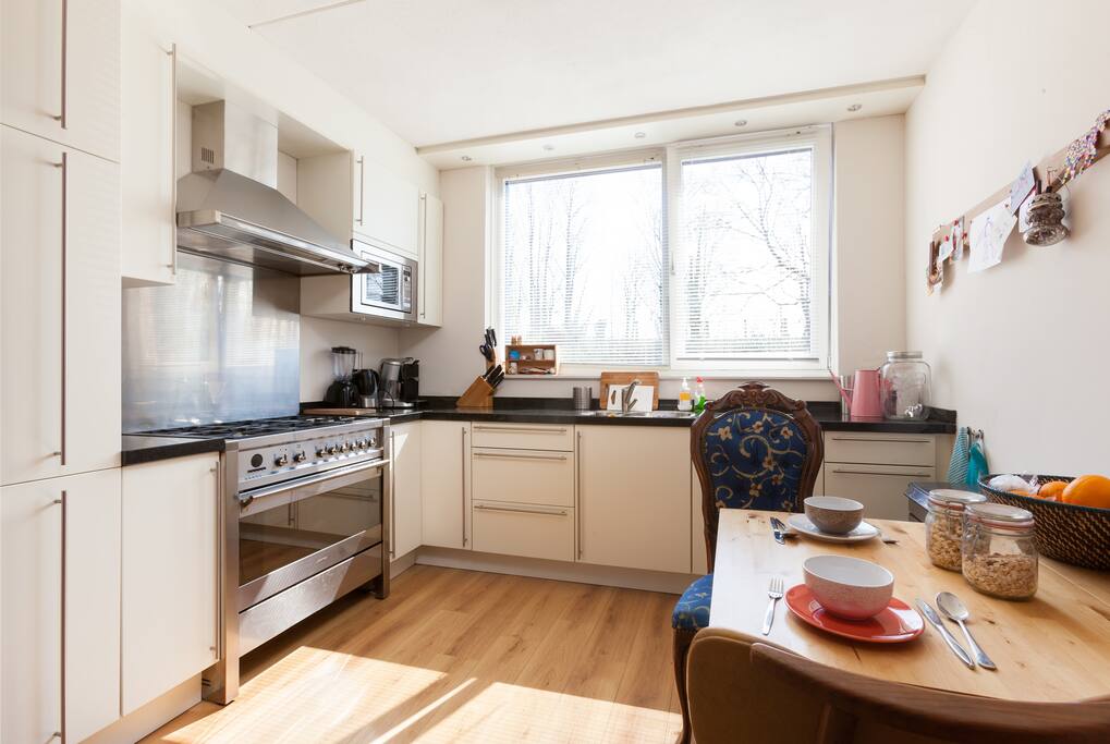 In the kitchen we provide the ingredients for a nice breakfast. You can make it your self, you may use anything. If you prefer anything for breakfast, just tell me and I will make sure we have it.
For dinner you may use the kitchen equipment but please use your own food.