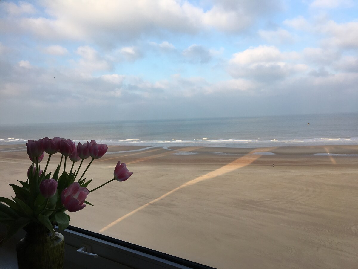A vase of pink tulips is placed on a windowsill, overlooking a sandy beach and a calm sea. Soft clouds drift across a light blue sky, casting gentle reflections on the water's surface.