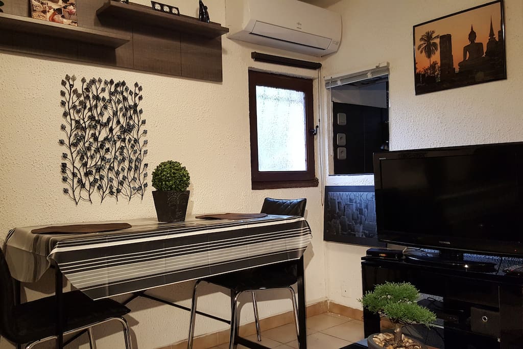 Pièce principale vue clim et TV