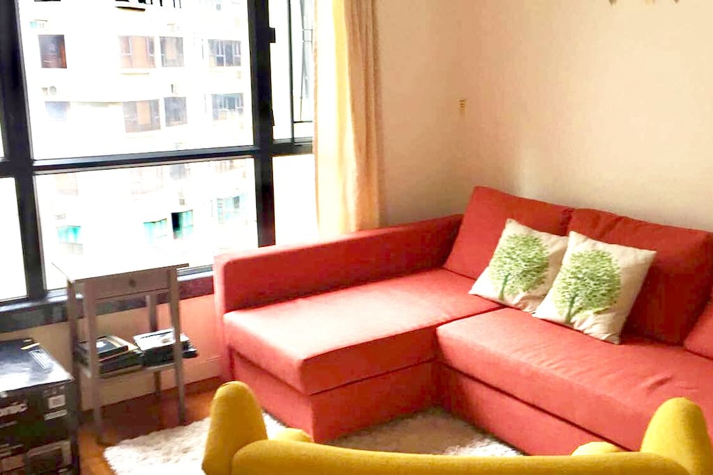Spacious living room with pull out sofa enjoys plenty of natural light during the day