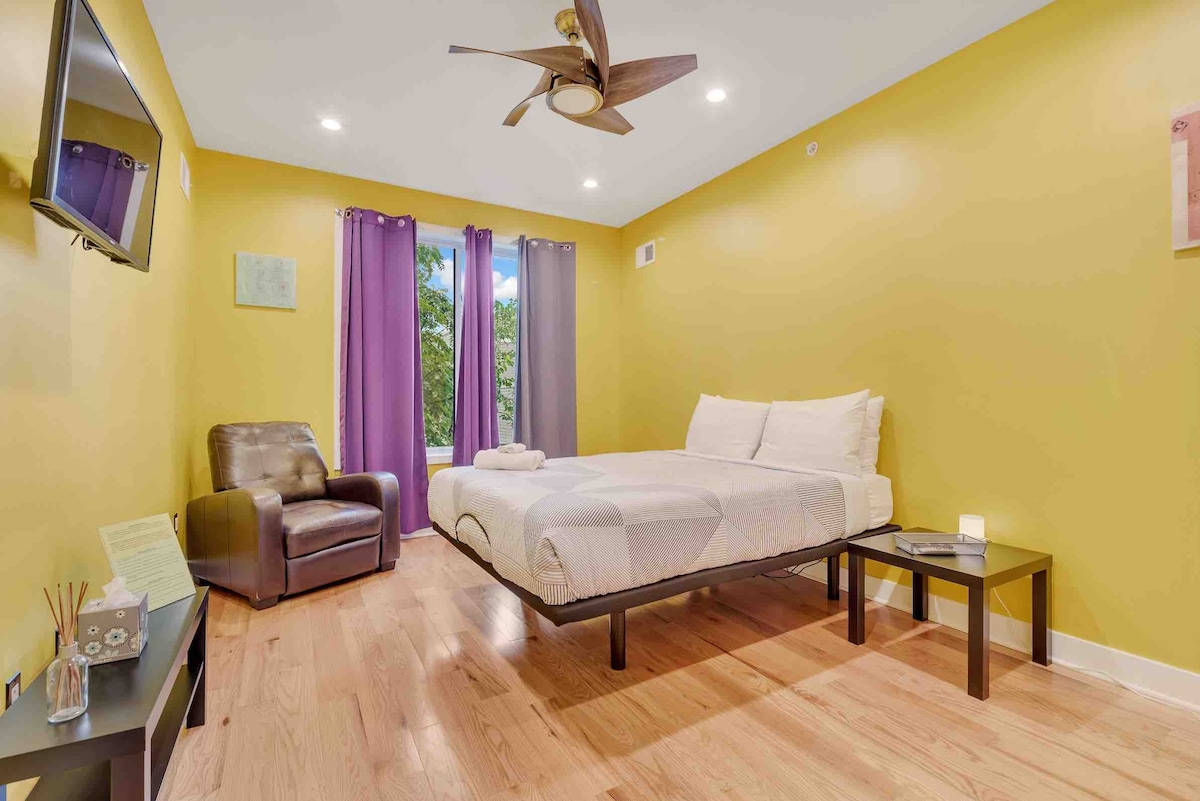 Master bedroom (top floor) - ceiling fan and fully adjustable bed.