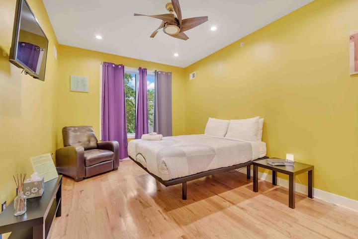 Master bedroom (top floor) - ceiling fan and fully adjustable bed.