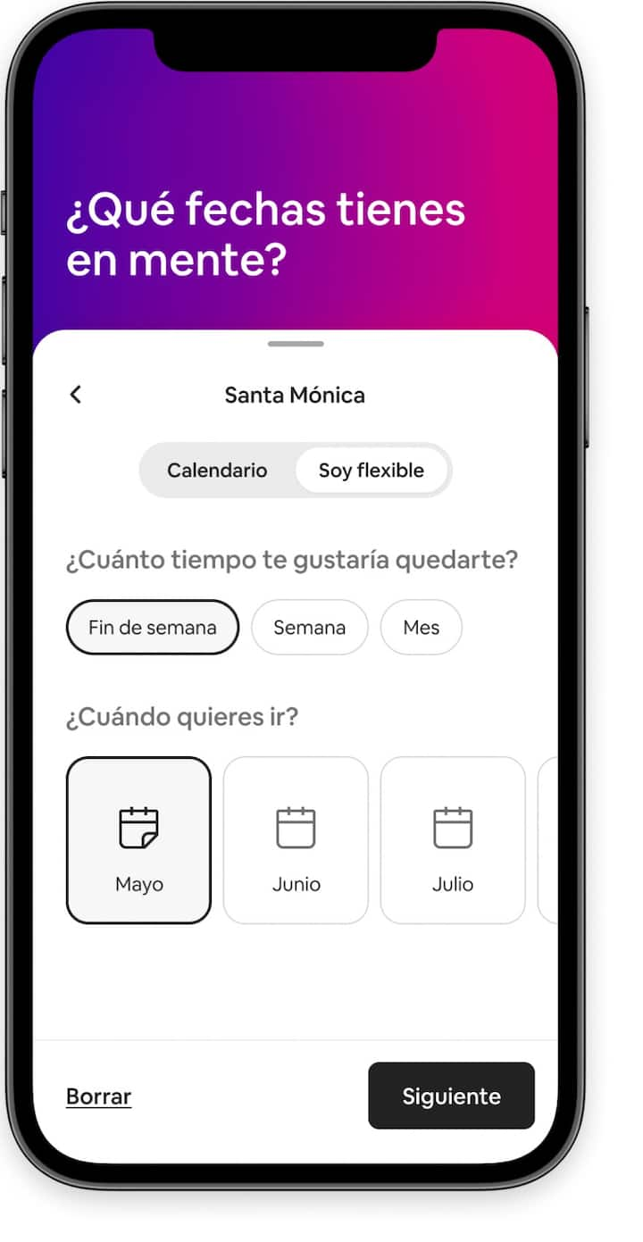 La búsqueda de fechas flexibles te permite elegir por duración general de tiempo y mes en la aplicación de Airbnb.
