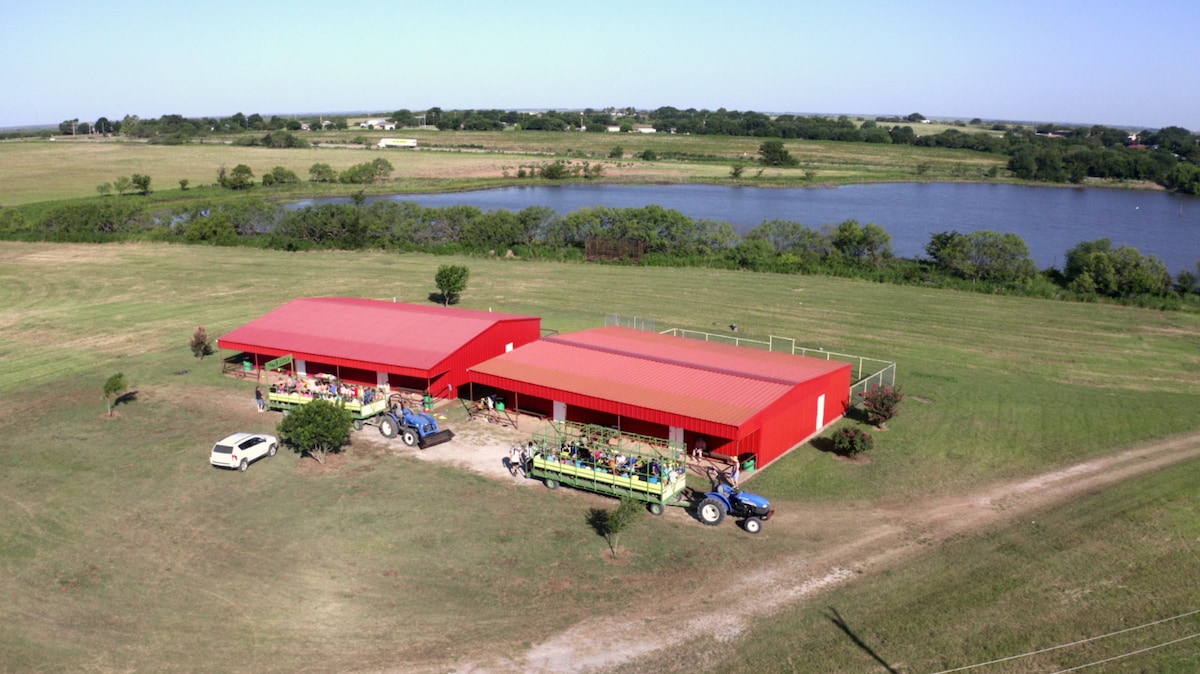 Two red Camping Houses are viewed from above, surrounded by a large grassy area and situated near a calm lake. Tractors and equipment are parked nearby, and trees line the perimeter, providing a natural setting.