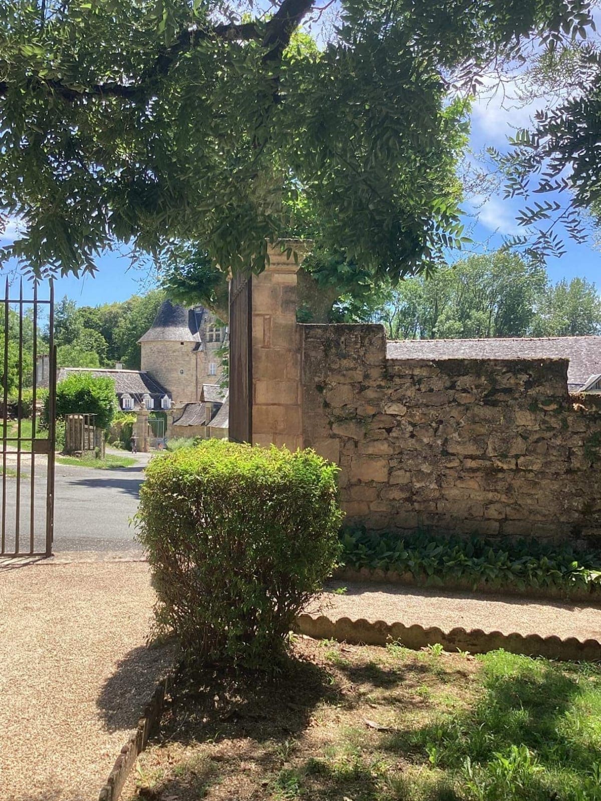 A stone wall is seen partially covered by lush greenery, with a neatly trimmed shrub positioned in the foreground. An iron gate stands open, leading to a pathway that winds through a serene landscape of trees and rustic buildings in the background.