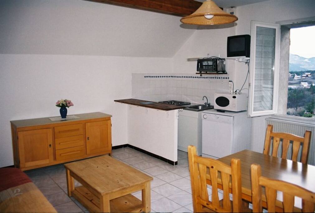 Séjour avec coin cuisine, canapé-lit