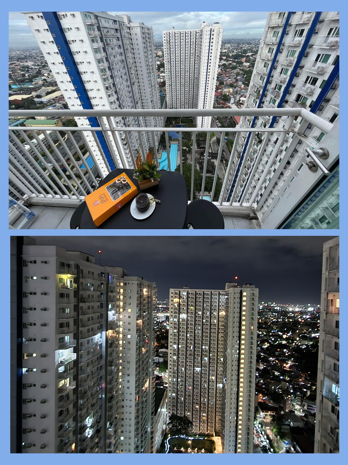 A serene balcony is equipped with a simple table and chair, offering a space for relaxation while enjoying expansive views of the city skyline. Below, the illuminated buildings of Quezon City create a vibrant night scene, showcasing the urban landscape from the 38th floor.