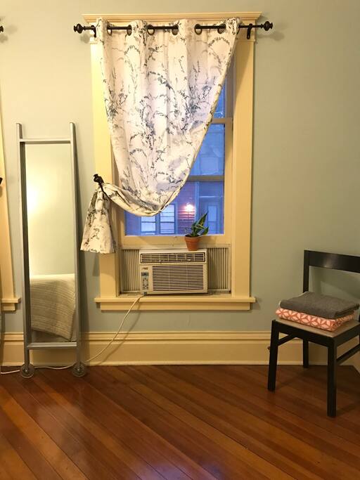 Window AC unit to make sure our guests are comfy! (Our home has central AC but it primarily cools the main floor.)