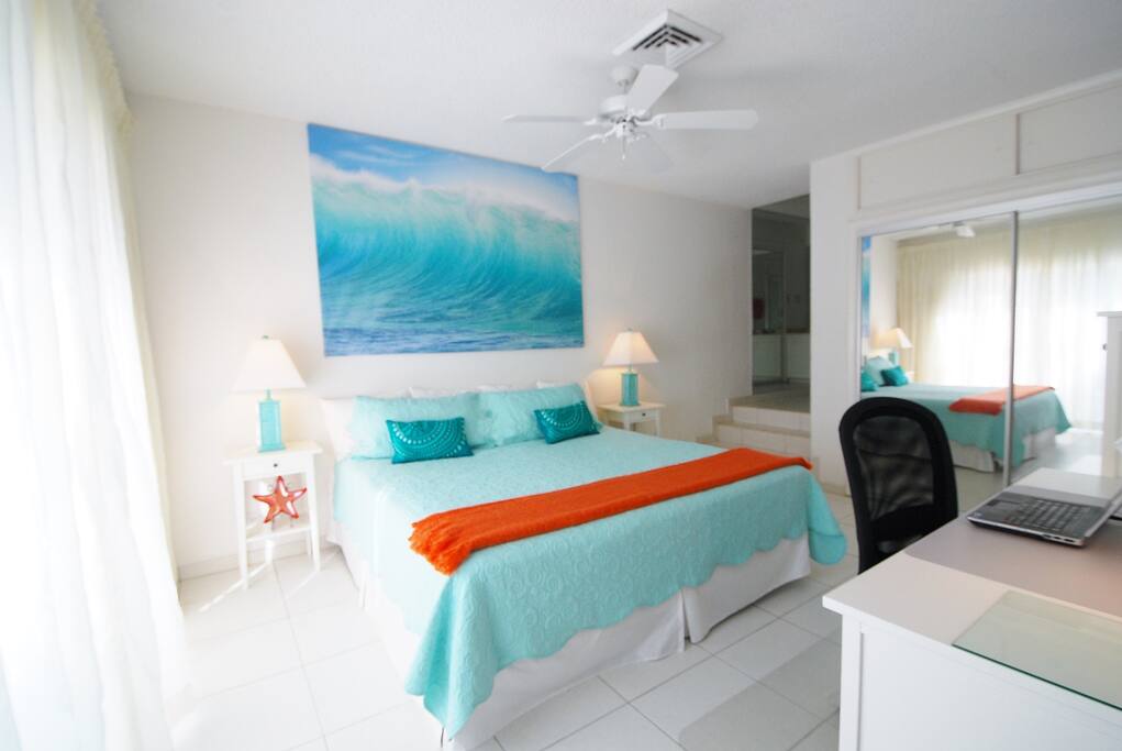 Master bedroom King size bed with working desk + private bathroom