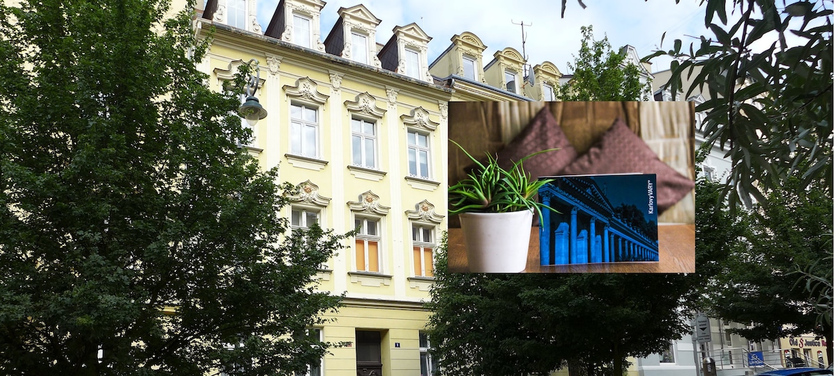 The exterior of a historic building is shown, featuring a pale yellow facade and decorative elements above the windows. Green trees frame the structure, creating a pleasant urban setting. A small potted plant is visible in the foreground, emphasizing the connection to nature.