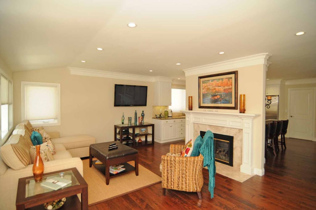 Living area with fireplace.