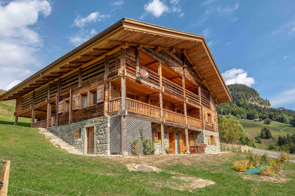 The chalet is presented in a serene natural setting, featuring wooden accents and a stone base. Spacious balconies and multiple entrances can be seen on the facade. Lush green grass surrounds the building, while rolling hills and a clear sky complete the tranquil landscape.