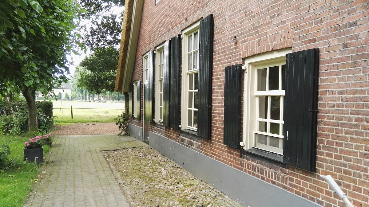 The exterior of the farmhouse is depicted, showcasing a brick façade with wooden shutters on the windows. A stone pathway leads to the entrance, framed by lush greenery and flower pots. Expansive fields can be observed in the background, enhancing the rural ambiance.