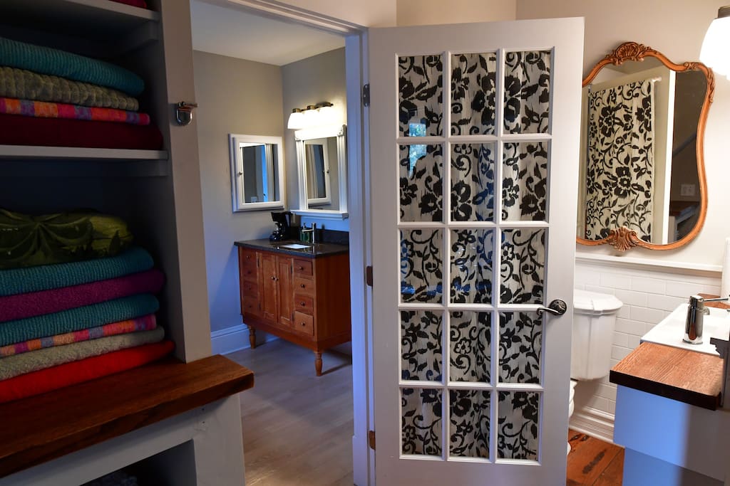 A dressing room and bathroom form a private suite of three spaces for the Quiet Queen Bedroom (dressing room, bathroom, and bedroom).
