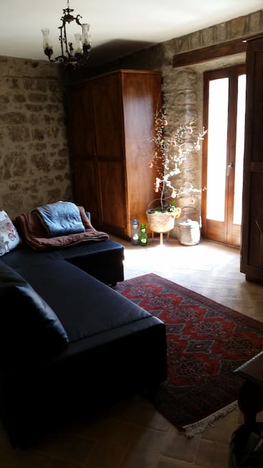 Living room with dual kitchen built ins and a queen sized sleeper sofa. The view of the valley from the window is lovely.