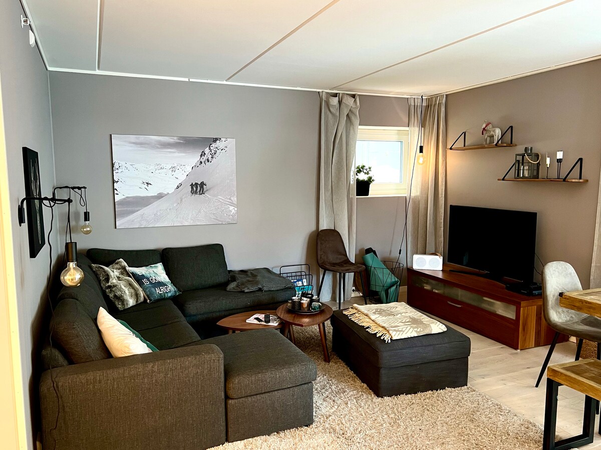 A modern living room features a large sectional sofa arranged around a low coffee table. A flat-screen TV is positioned on a sleek wooden console. Natural light enters through a window, and a mountain-themed artwork adorns the wall, complemented by soft furnishings and decorative elements.