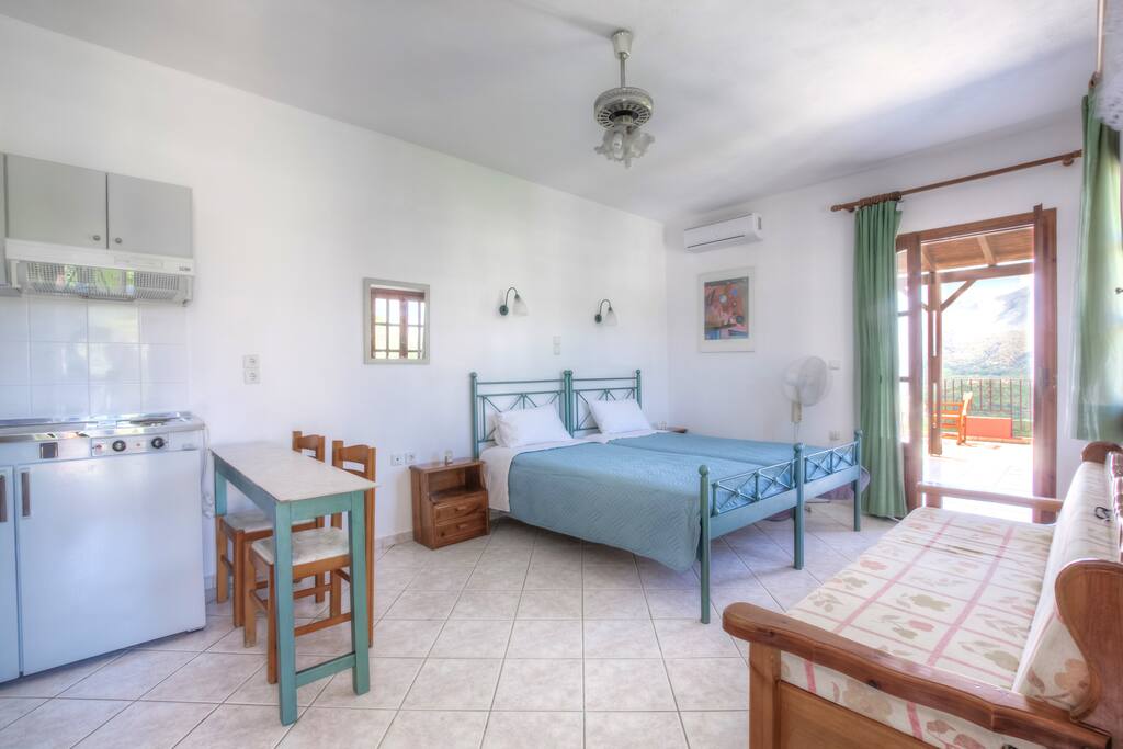 The beds and kitchenette