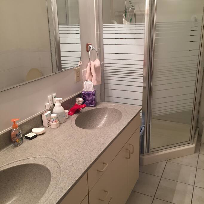 3/4 private bath, two sinks, toilet, shower