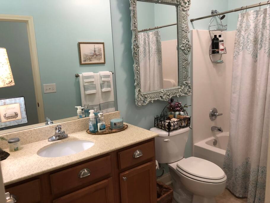 With your space, is a private bathroom complete with towels, shampoo, and soap in a beautiful decor. You will enjoy the spa-like feel!