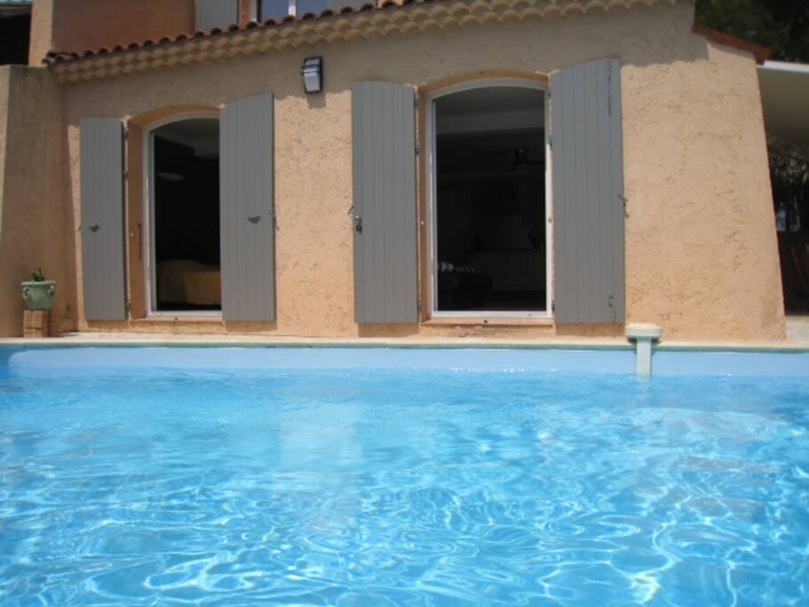 Doors open on the private swiming pool