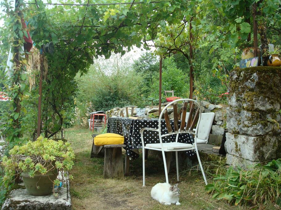La terrasse à l'ombre de la vigne et du chèvrefeuille