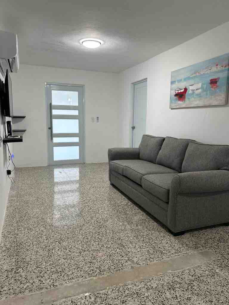 A spacious living area is presented, featuring a comfortable gray sofa facing a mounted television. The space is illuminated by natural light streaming through the nearby glass door. A modern piece of wall art adds a subtle touch to the minimalist decor.
