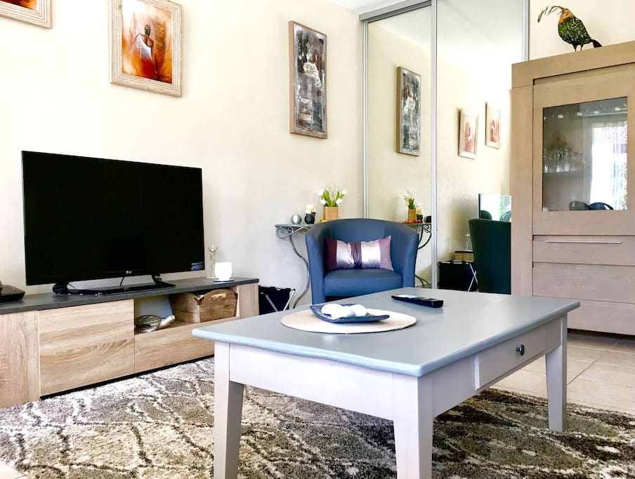 Chaleureux salon avec un écran plat haute définition qui n'attend plus que vous !