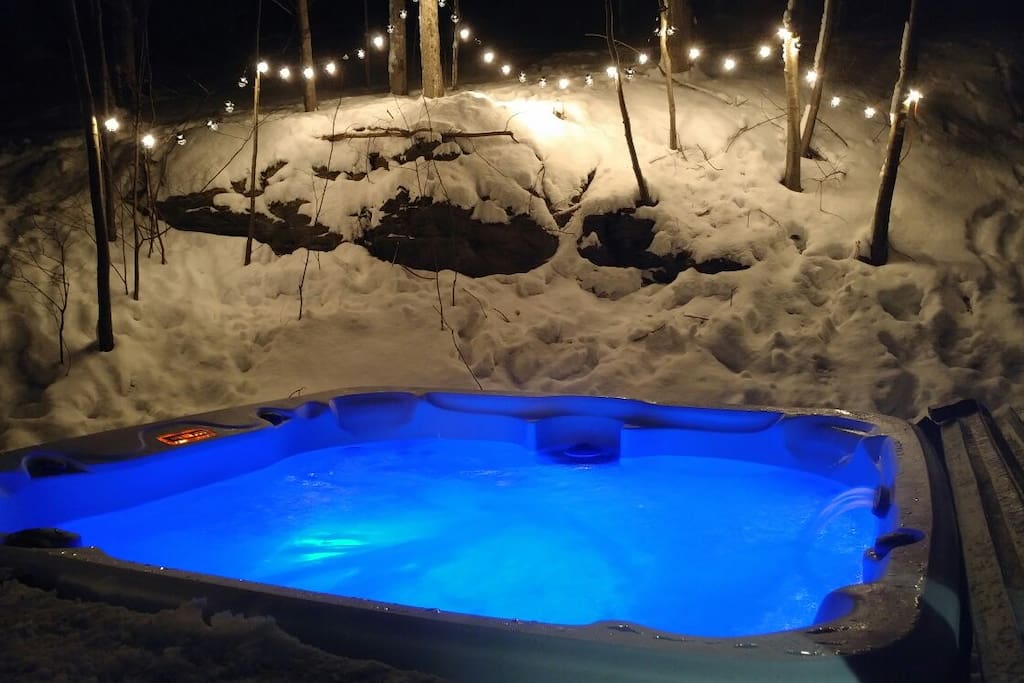 Six person hot tub looking up to the private woodlands.