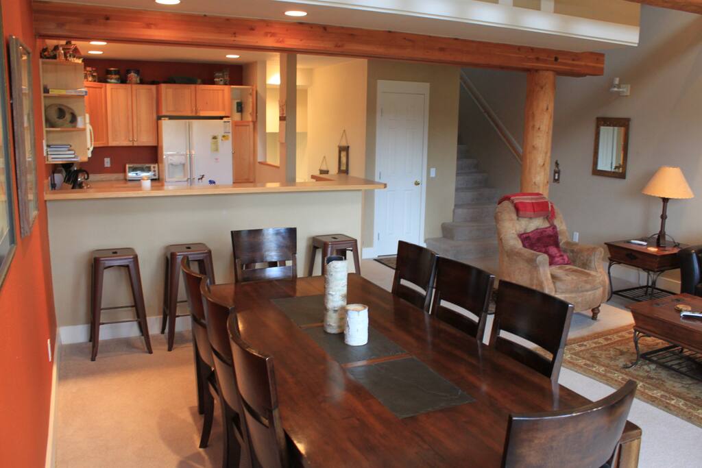 View into kitchen from dining table