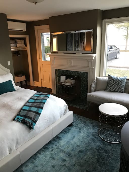 Sitting area and decorative fireplace