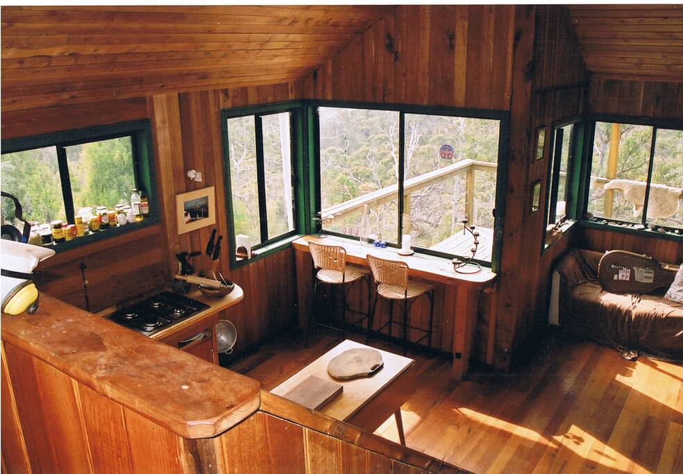 Recycled timber and open plan layout.
