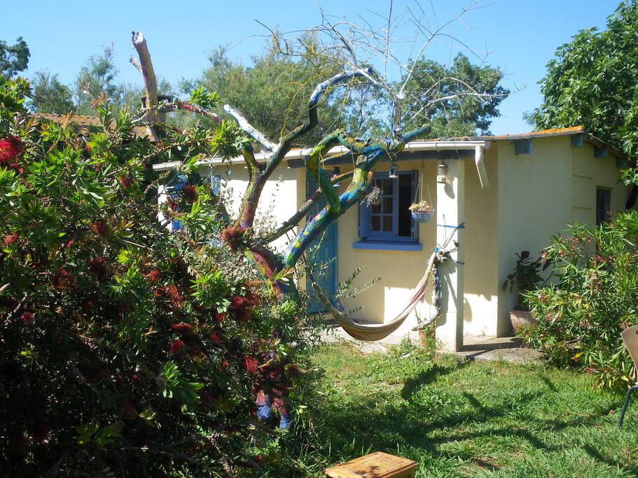 Arbre peint et jardin fleuri