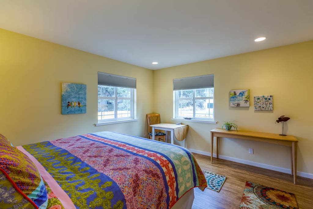 Colorful bedroom with a walk-in closet and fun decor