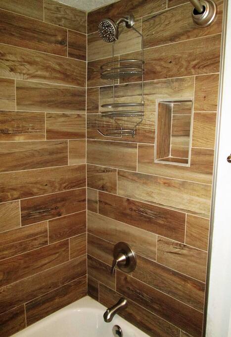 Wood look tiled shower