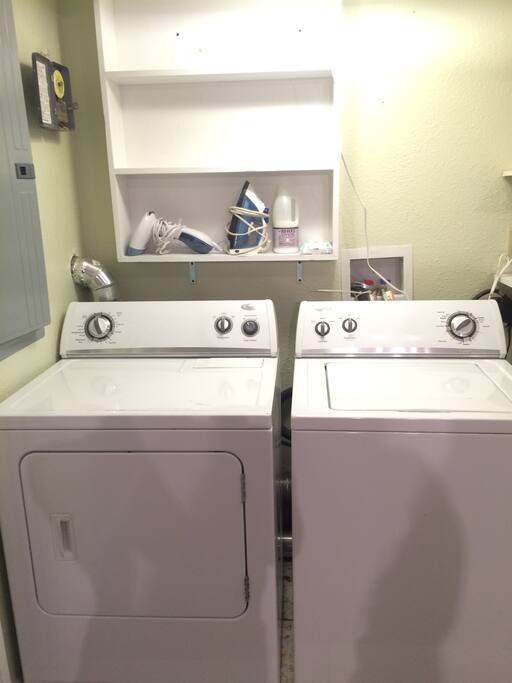 washer, dryer, ironing board, steamer access