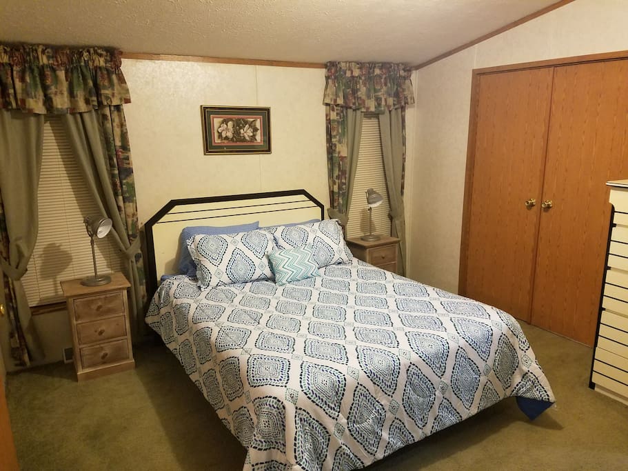 master bedroom with walk in closet, 55" Roku tv with cable, and master bathroom