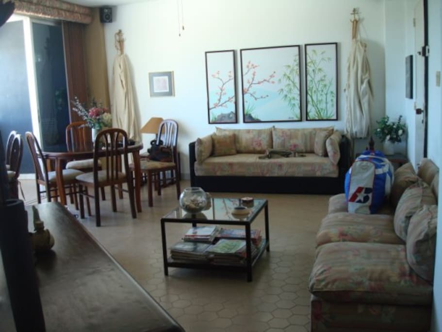 Sala interna del apartamento, con ventana panorámica que da hacia los Canales. Inmediato cocina.