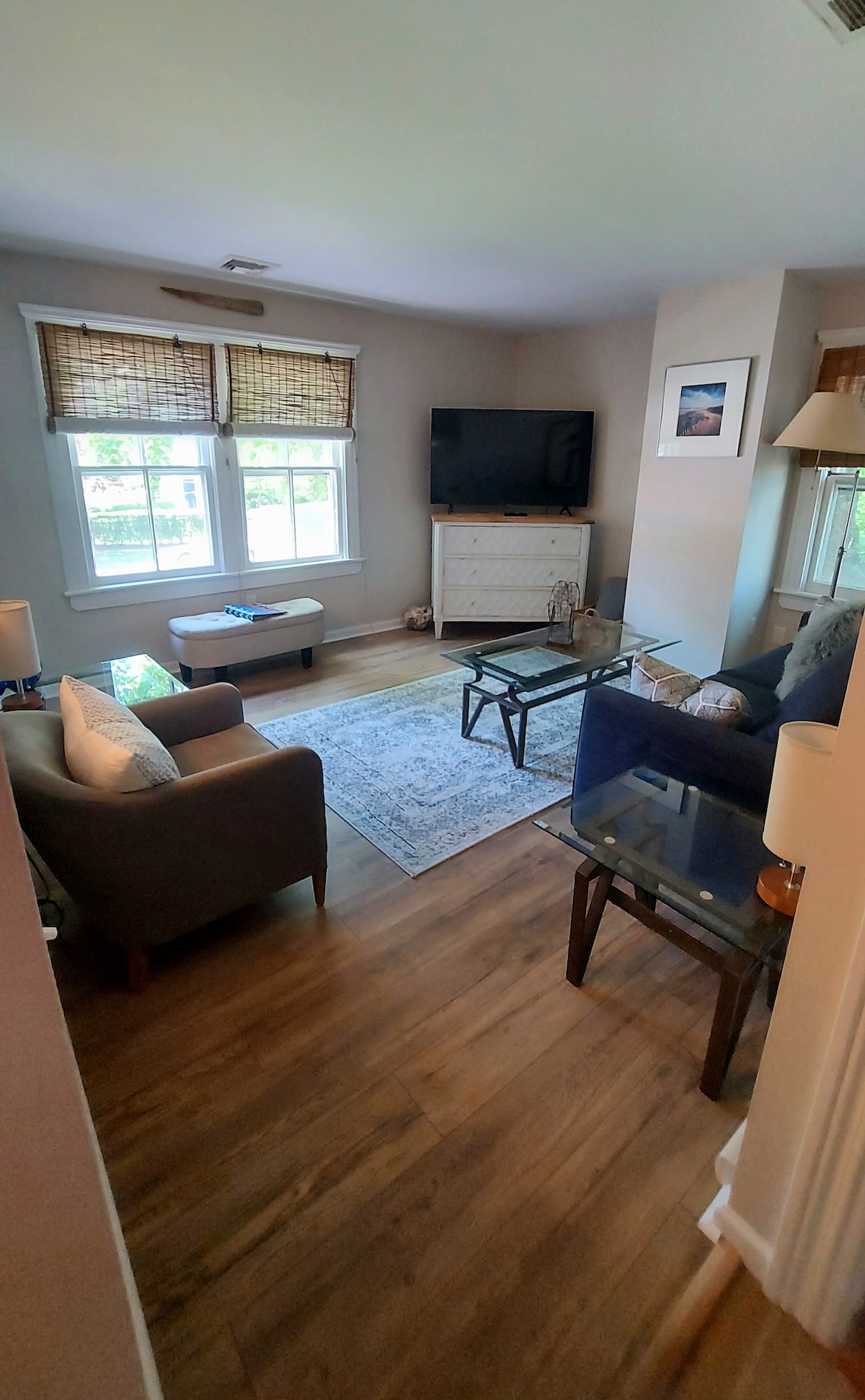 A cozy living area is shown with two comfortable sofas and a coffee table. Natural light enters through two windows adorned with bamboo shades. A flat-screen television is mounted on the wall, and a decorative rug adds warmth to the wooden flooring.