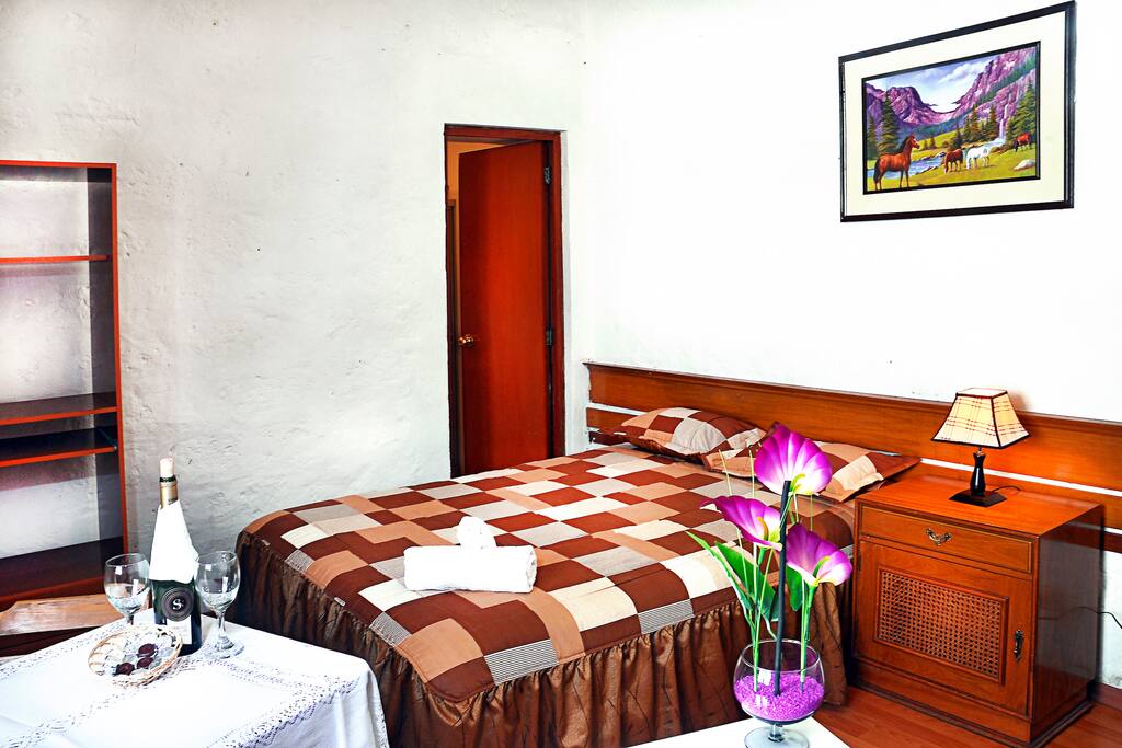 Habitación Matrimonial de estilo colonial, con baño privado esta frente al patio de la casa en el primer piso