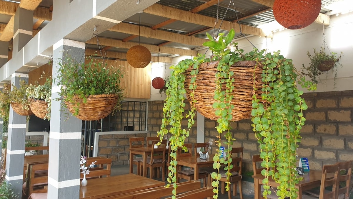Hanging planters filled with vibrant greenery adorn the ceiling of a dining area. Wooden tables and chairs are neatly arranged below, creating a relaxed atmosphere. Subtle light fixtures add to the inviting ambiance, complemented by rustic stone walls that enhance the space's charm.