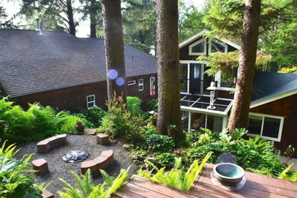 Fire pit and manicured gardens
