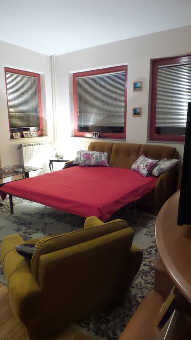 How the living room looks with the extended sofa bed.