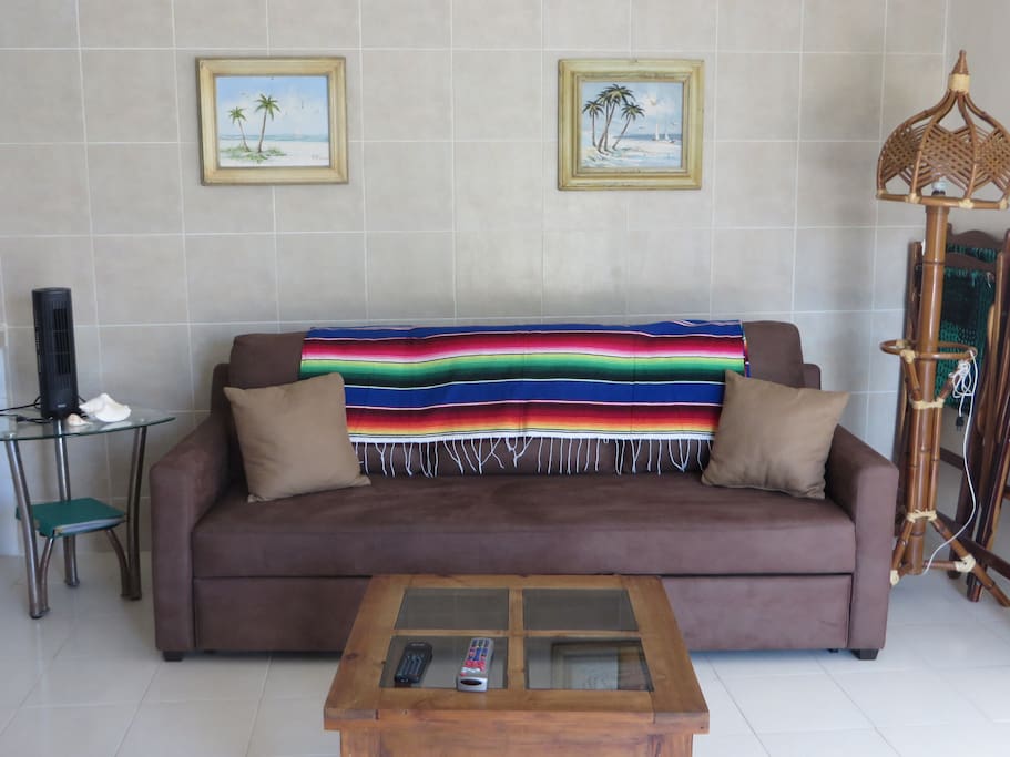 Living room sofa pulls out and a child or small adult could sleep on it.