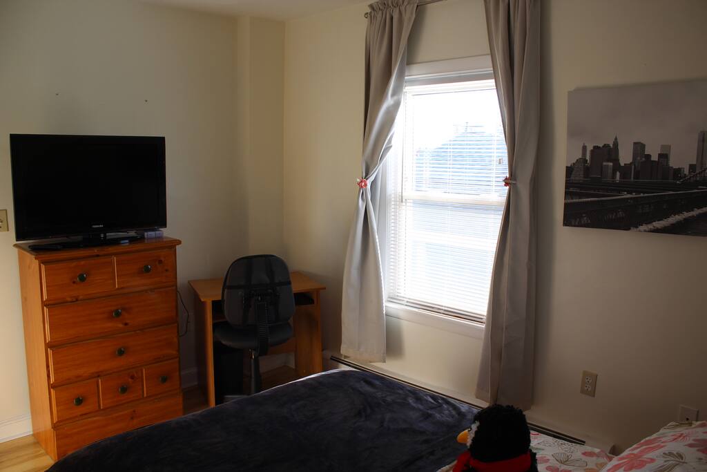 guest bedroom with tv and desk