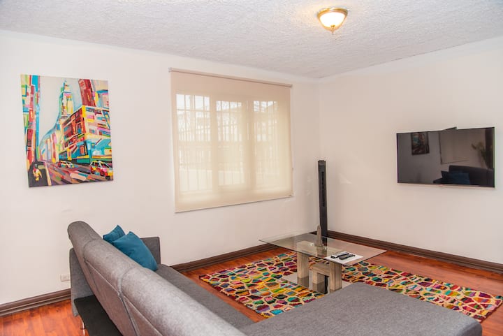 Veuillez noter qu'il y a maintenant un canapé convertible rouge au lieu de celui de la photo ci-dessus

Salon avec télévision par câble et WiFi 